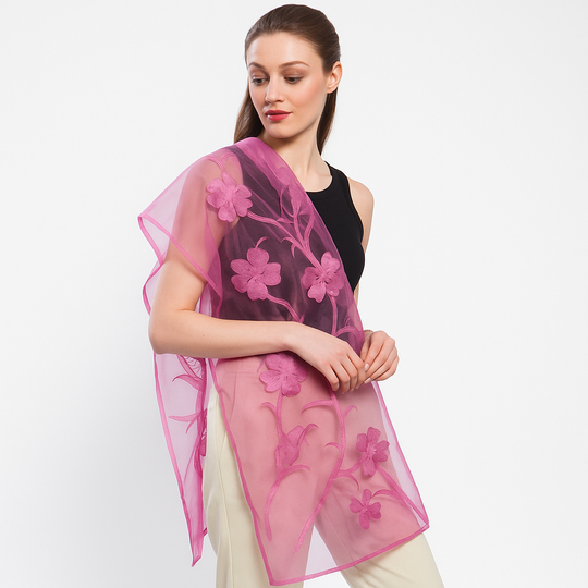 Rose pink organza scarf with hand-cut plum blossom appliqué, front view on model.