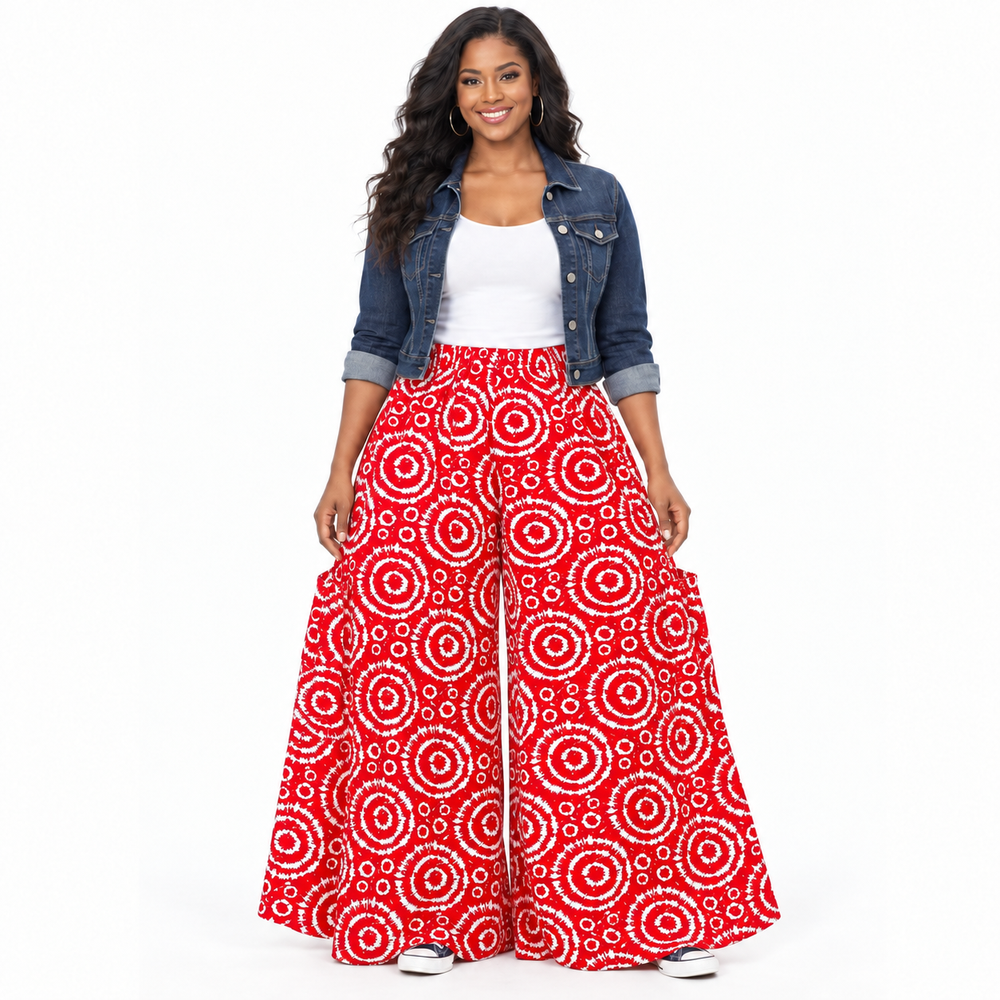 Afrikanische Baumwoll-Palazzo-Hose – Schwarz-roter Print