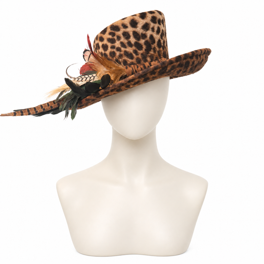 Leopard Print Genuine Fur Felt Hat with Feather Trim