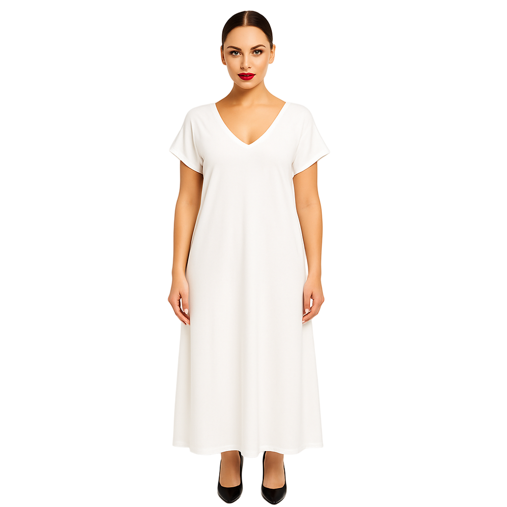 Woman wearing a white dress against a plain background