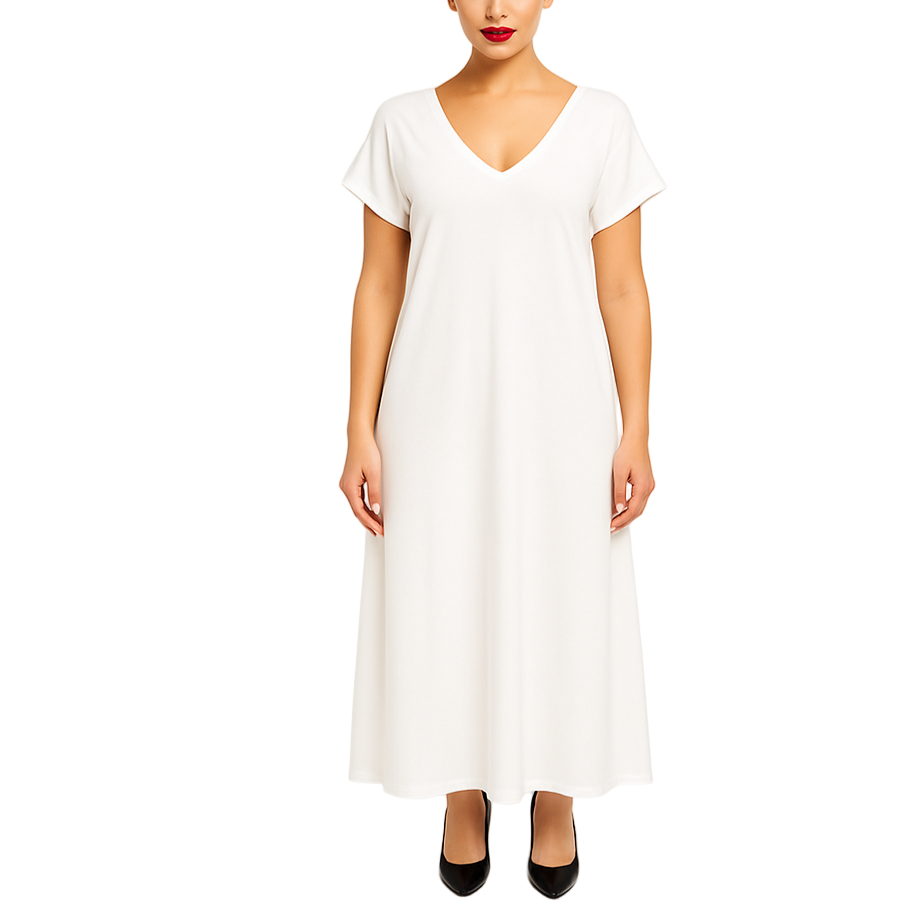 Woman wearing a white dress against a plain background
