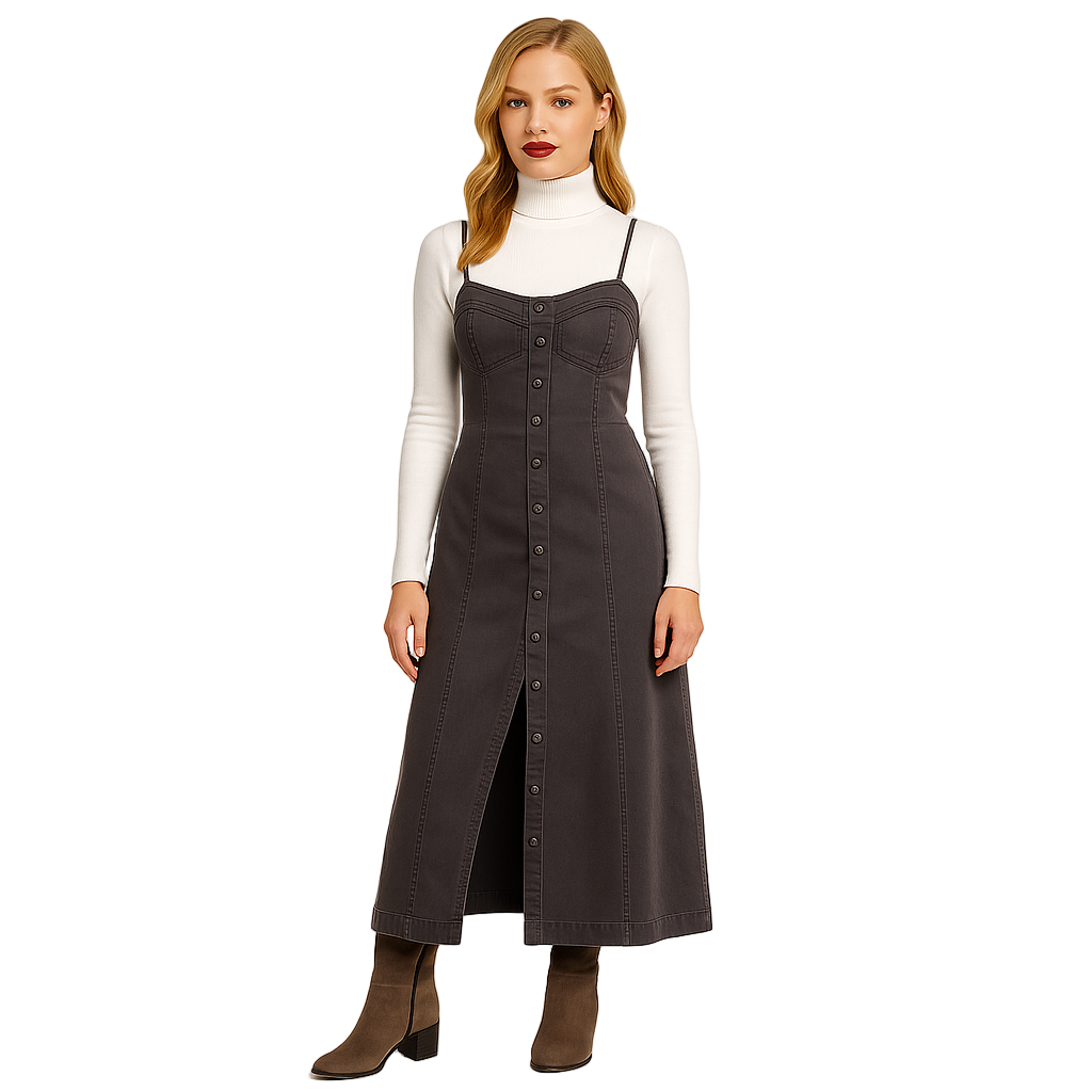 Woman wearing a long dark dress with buttons on a white background