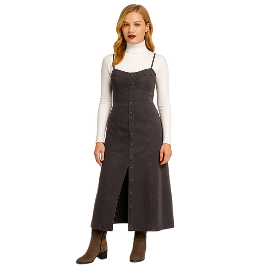 Woman wearing a long dark dress with buttons on a white background