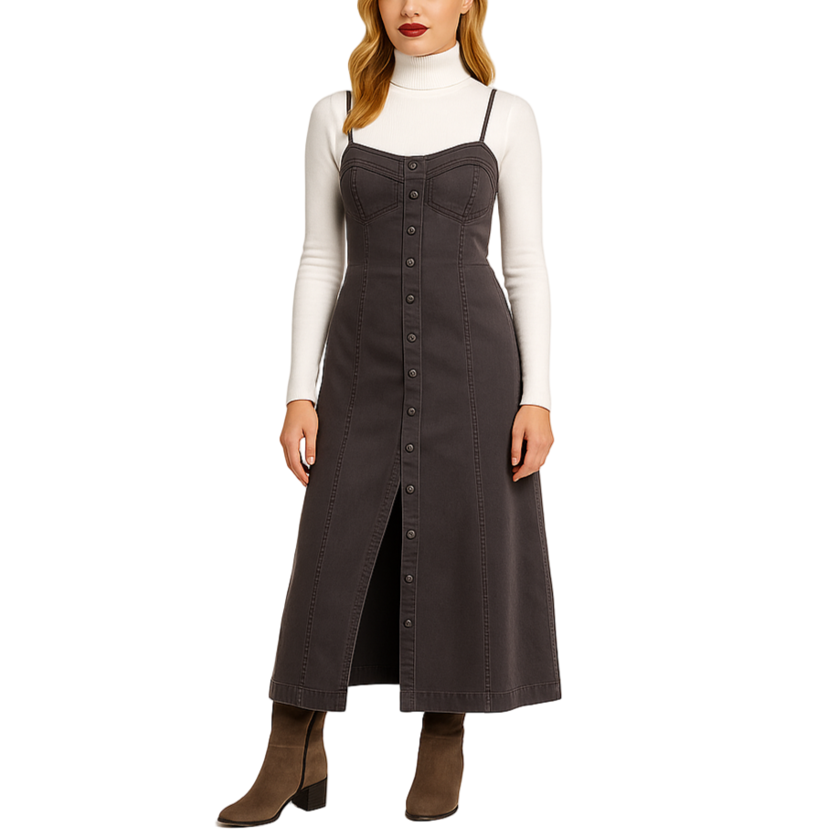 Woman wearing a long dark gray dress with buttons on a white background