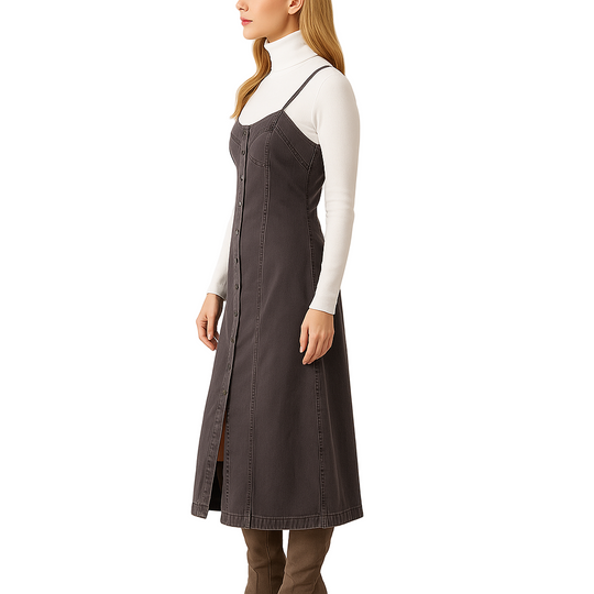 Woman wearing a dark denim dress over a white turtleneck on a plain background