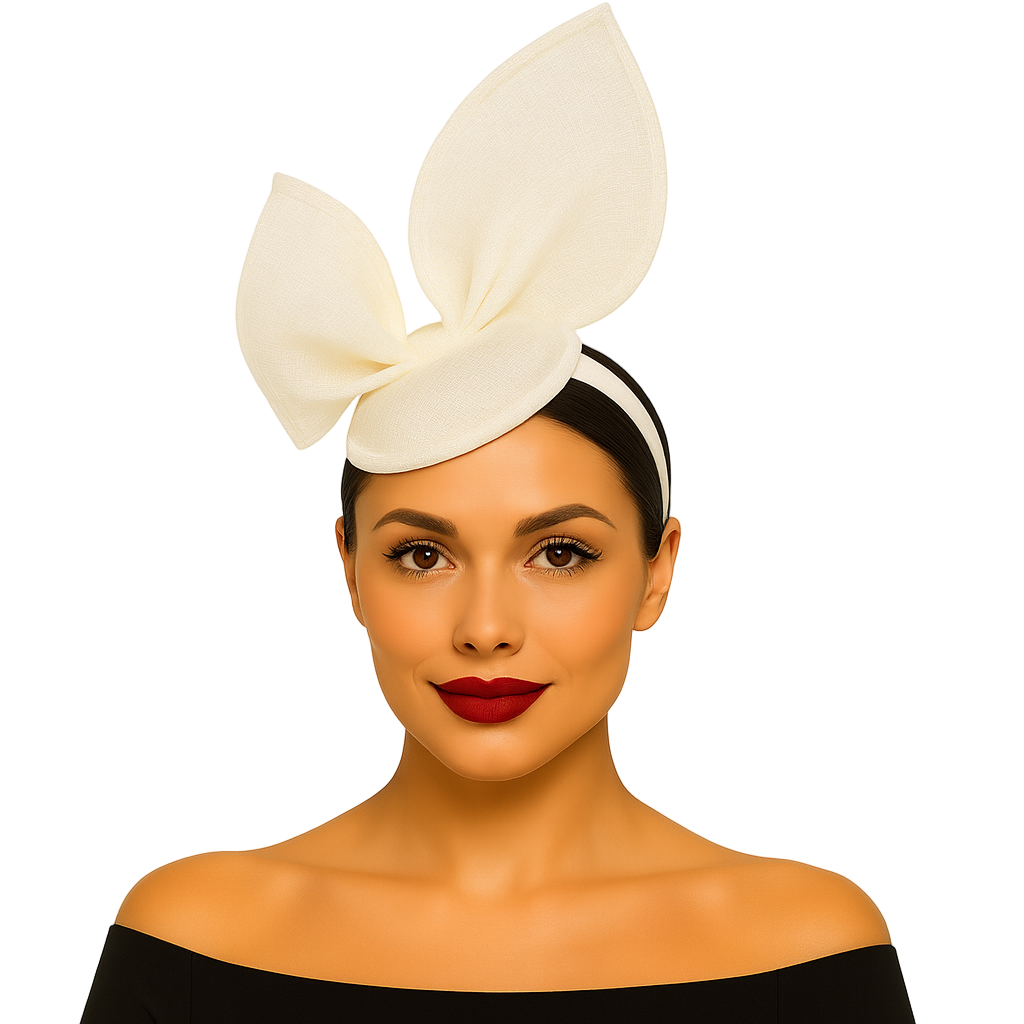 Woman wearing a large cream bow headband on a white background