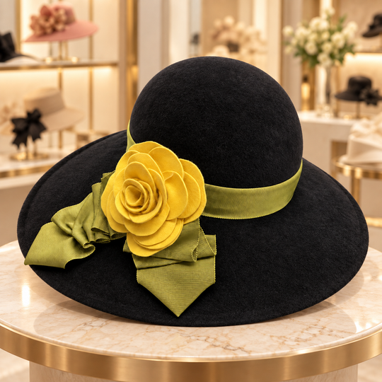 Black Wool Wide-Brim Hat with Floral Accent