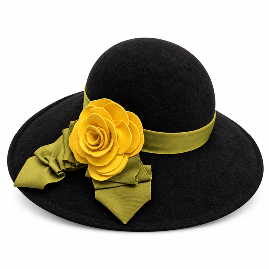 Black Wool Wide-Brim Hat with Floral Accent