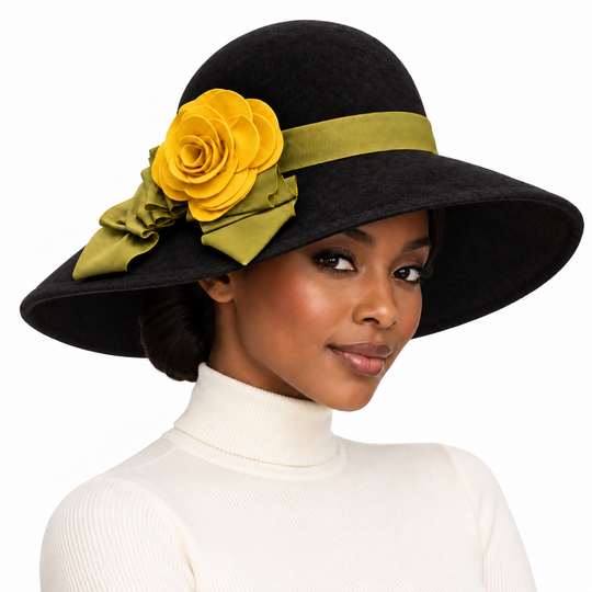 Black Wool Wide-Brim Hat with Floral Accent
