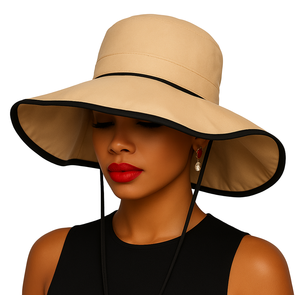 Woman wearing a beige sun hat with black trim on a plain background