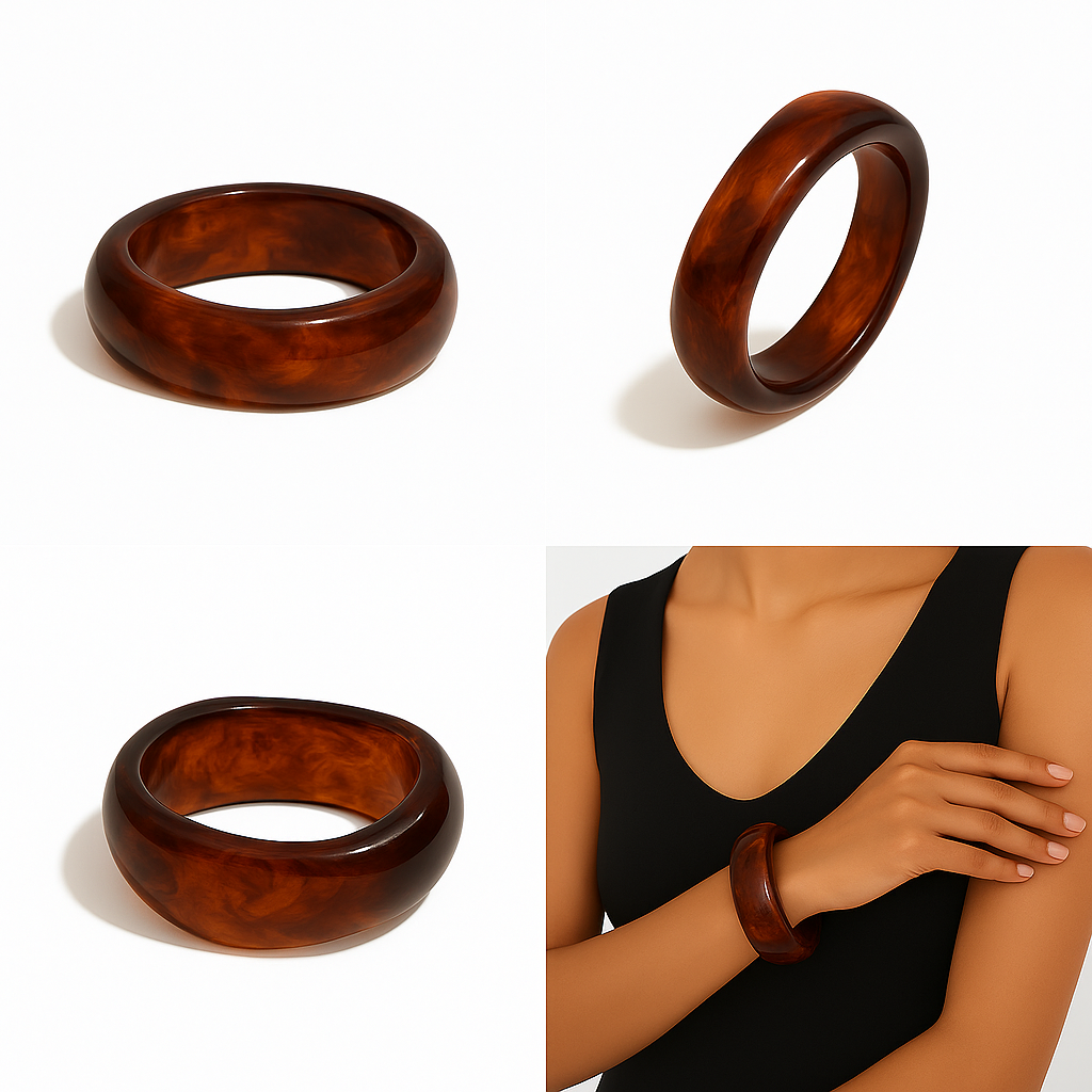 Tortoise lucite bangle bracelet with sculptural amber-brown marbling and glossy resin finish – Le’ Diva Boutique