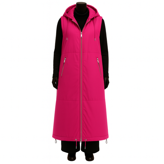 Pink long coat with a hood on a mannequin against a white background