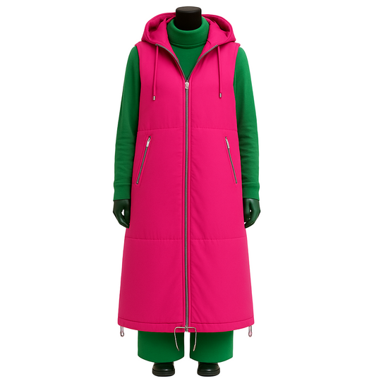 Pink parachute vest with green sweater and pants