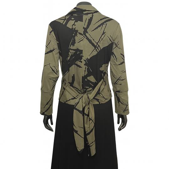 Green and black patterned shirt with a tie on a white background