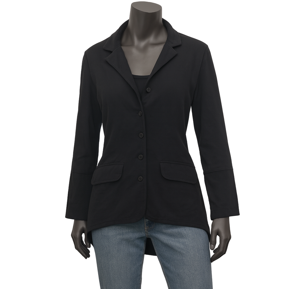 Black jacket on a mannequin with a white background