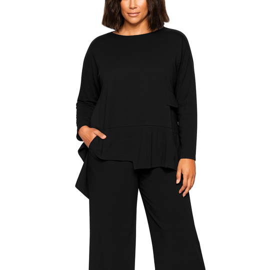 Black Cotton A-Line Tunic Top with White Abstract Print