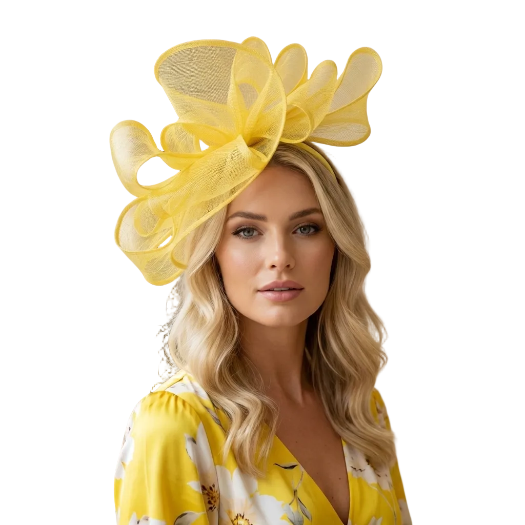 Woman wearing a yellow floral dress and matching headpiece indoors.