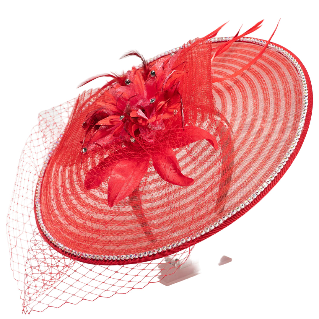 A red crinoline fascinator with an embellished veil/flower/feather, mounted on a satin headband.