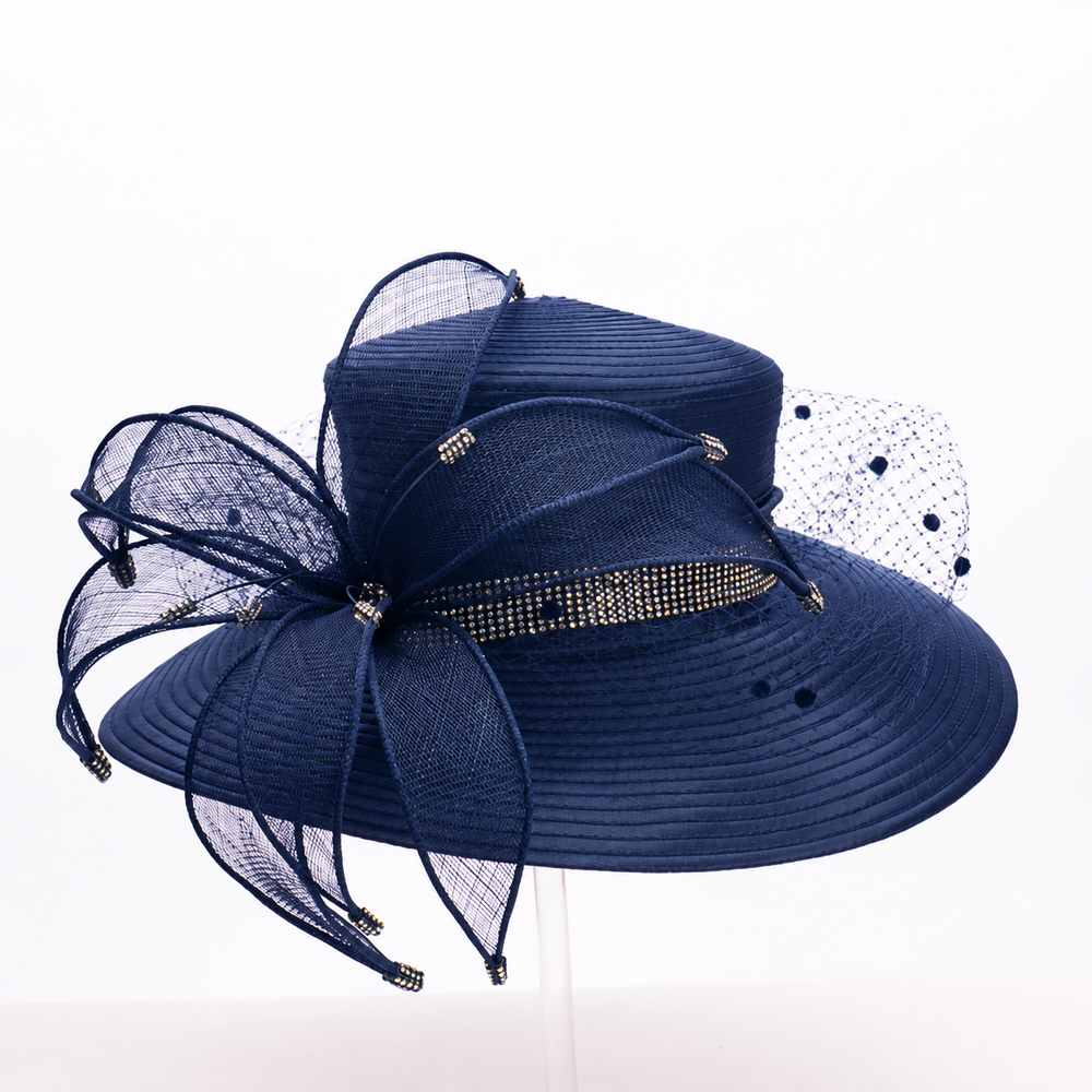 Sinamay Ribbon Flower Wide Brim Hat: Navy