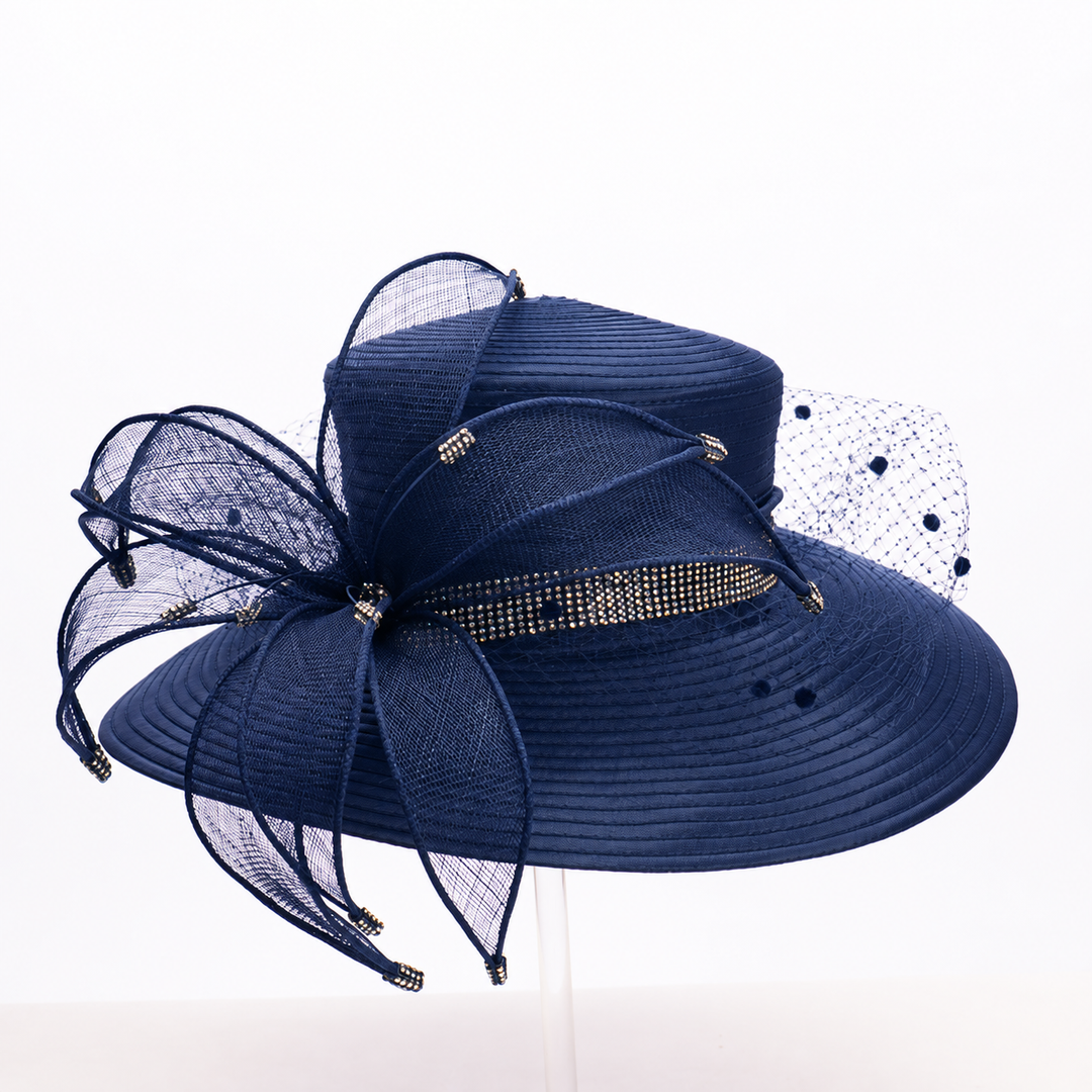 Sinamay Ribbon Flower Wide Brim Hat: Navy