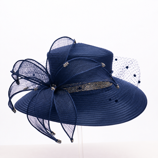 Sinamay Ribbon Flower Wide Brim Hat: Navy