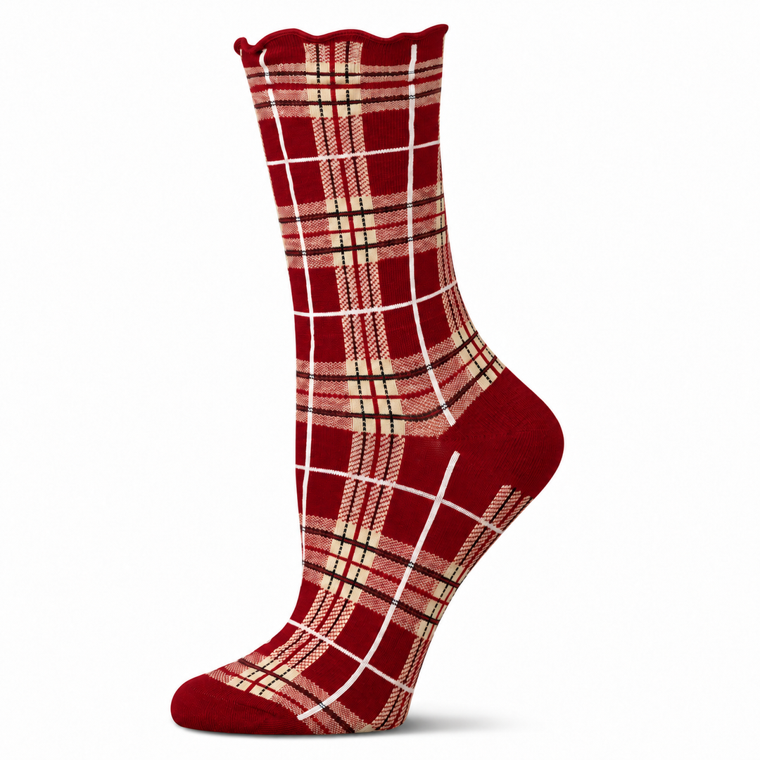 Classic Plaid Lettuce Edge Crew Socks: Red