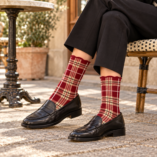 Classic Plaid Lettuce Edge Crew Socks: Red