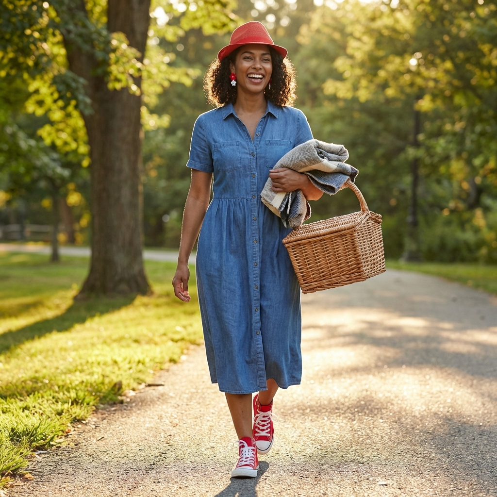 Woman in a blue dress and red hat walking with a picnic basket in a park.
