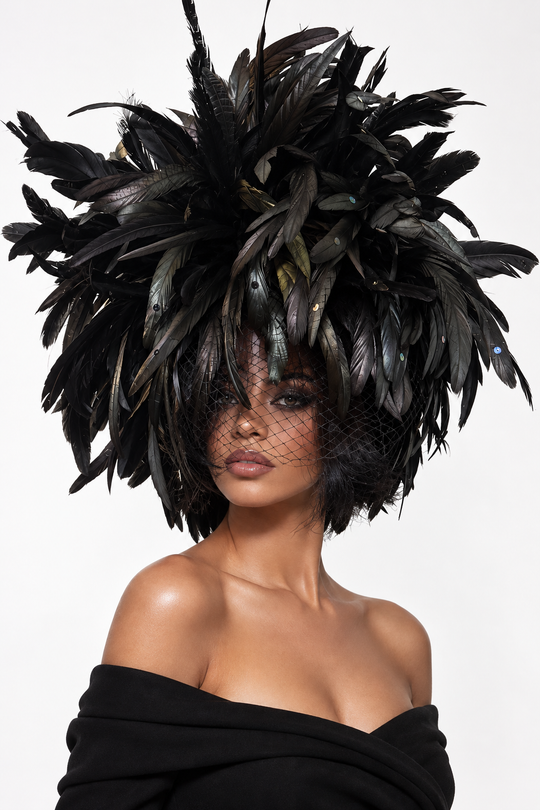Whittall &amp; Shon Schwarzer Kakadu-Fascinator mit Feder und Kristallbesatz