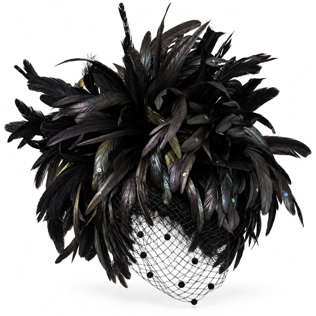 Whittall &amp; Shon Schwarzer Kakadu-Fascinator mit Feder und Kristallbesatz