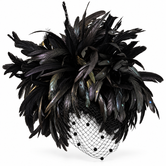 Whittall &amp; Shon Schwarzer Kakadu-Fascinator mit Feder und Kristallbesatz