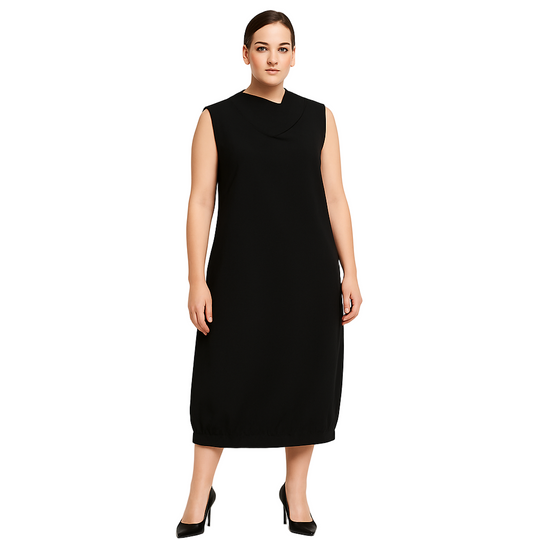 Woman wearing a black sleeveless dress on a white background