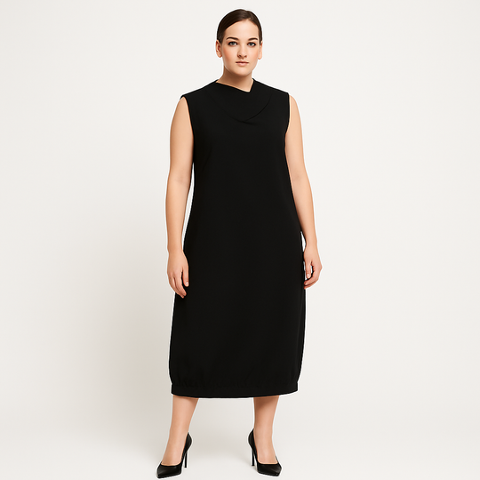 Woman wearing a black sleeveless dress on a white background