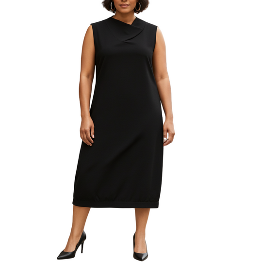 Tall model wearing a black sleeveless midi dress with a cowl neckline and balloon hem, paired with black heels against a white background.