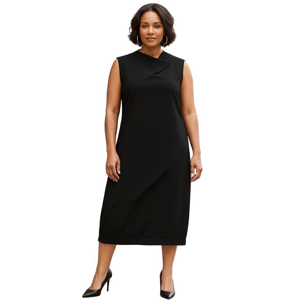 Woman wearing a black sleeveless dress on a white background