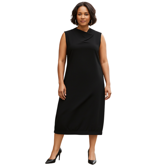 Woman wearing a black sleeveless dress on a white background