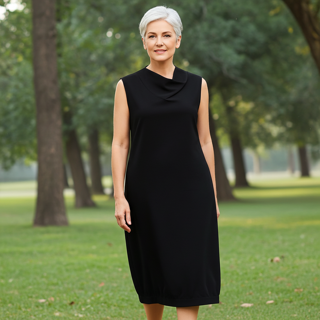 Woman in a black dress standing in a park with trees in the background