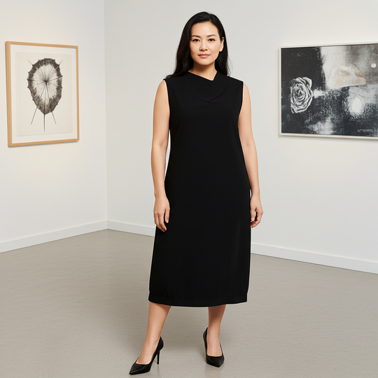 Woman in a black dress standing in an art gallery with framed artwork on the walls.
