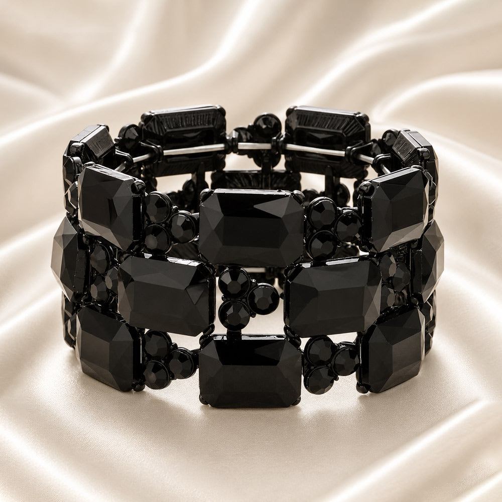 3-Row Rectangle Cut Crystal Gem Cluster Bracelet: Black