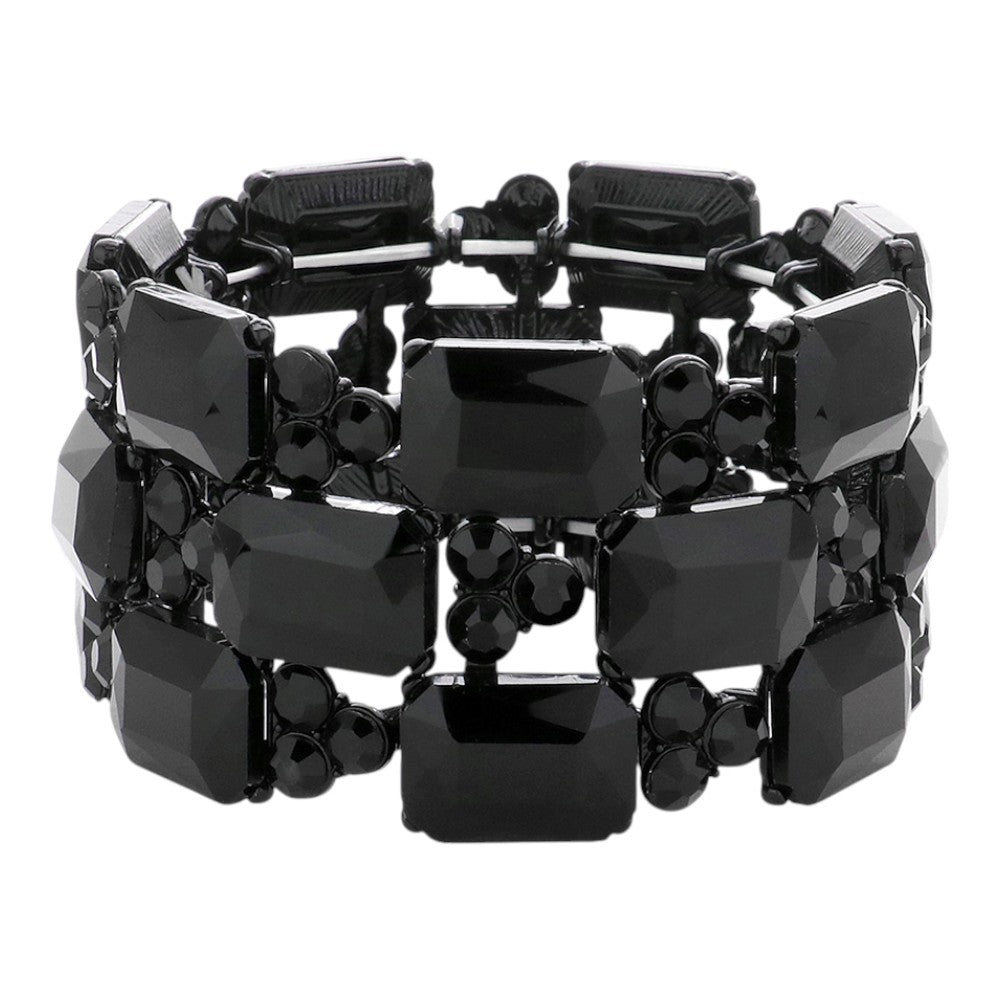 3-Row Rectangle Cut Crystal Gem Cluster Bracelet: Black
