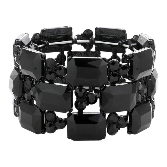 3-Row Rectangle Cut Crystal Gem Cluster Bracelet: Black