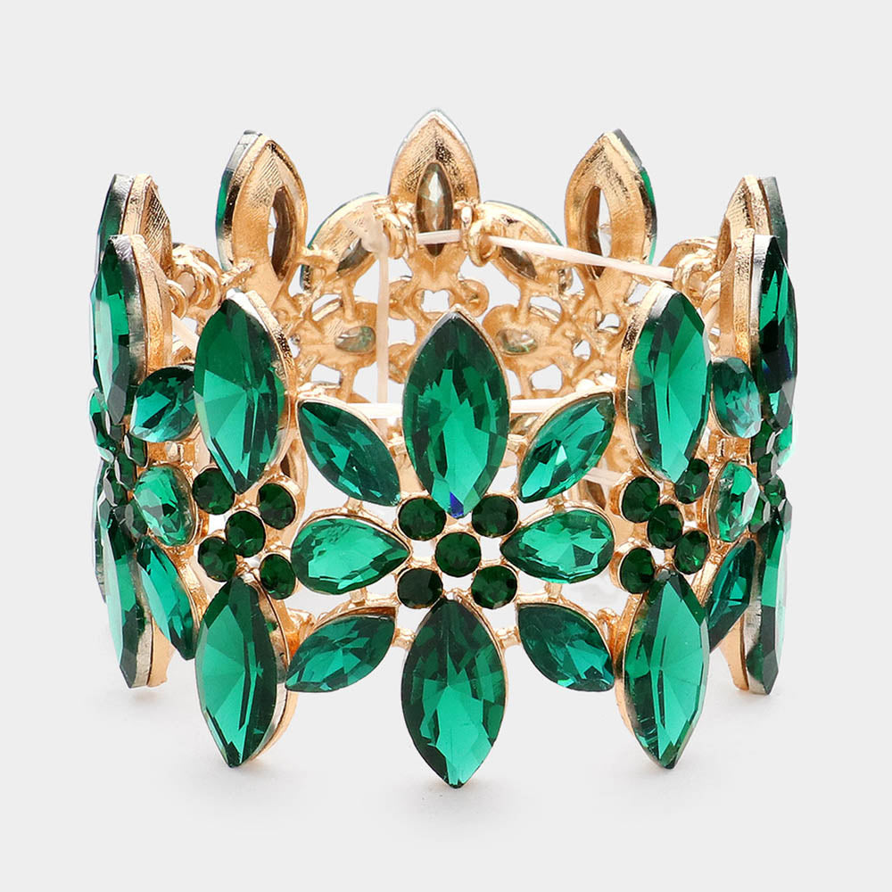 Marquise Crystal Flower Stretch Bracelet – Emerald Statement Bracelet