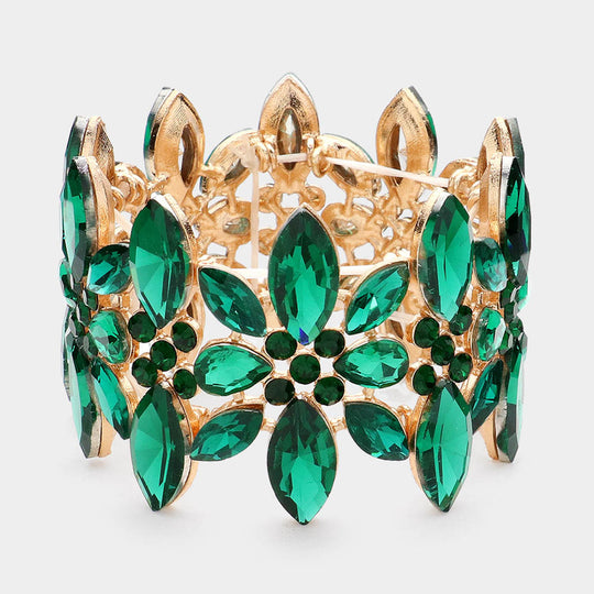 Marquise Crystal Flower Stretch Bracelet – Emerald Statement Bracelet