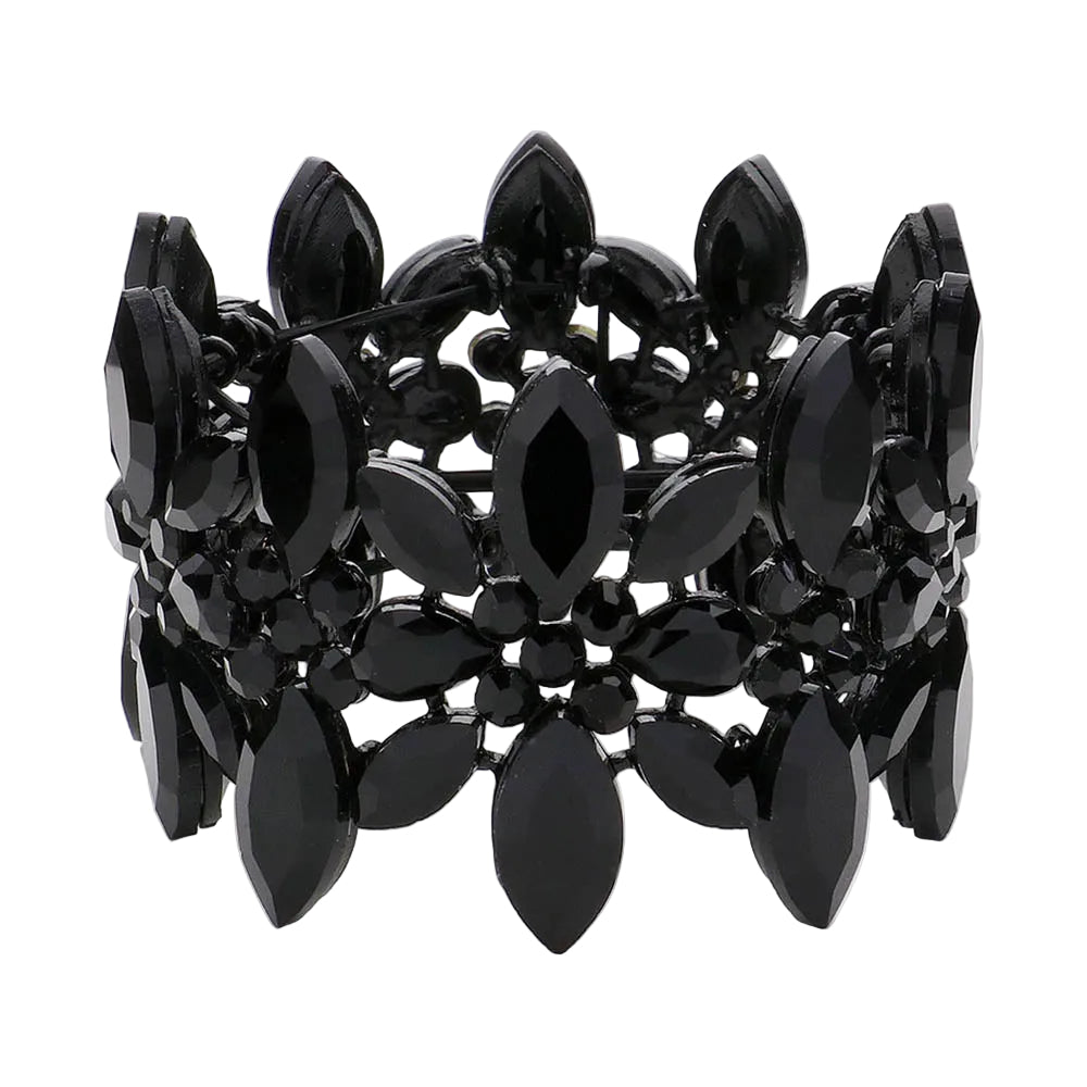 Marquise Crystal Flower Stretch Bracelet – Black
