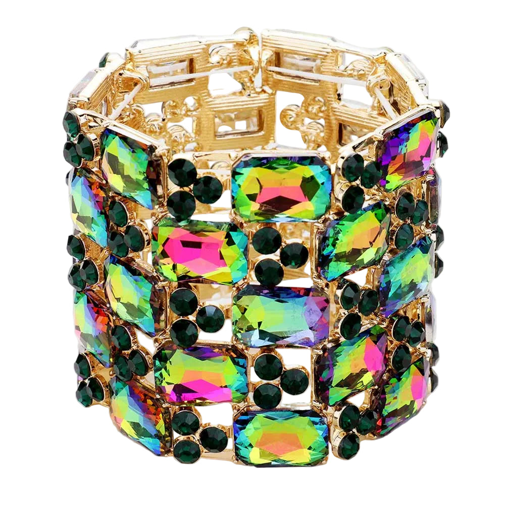 Multicolored gemstone bracelet with gold accents on a white background