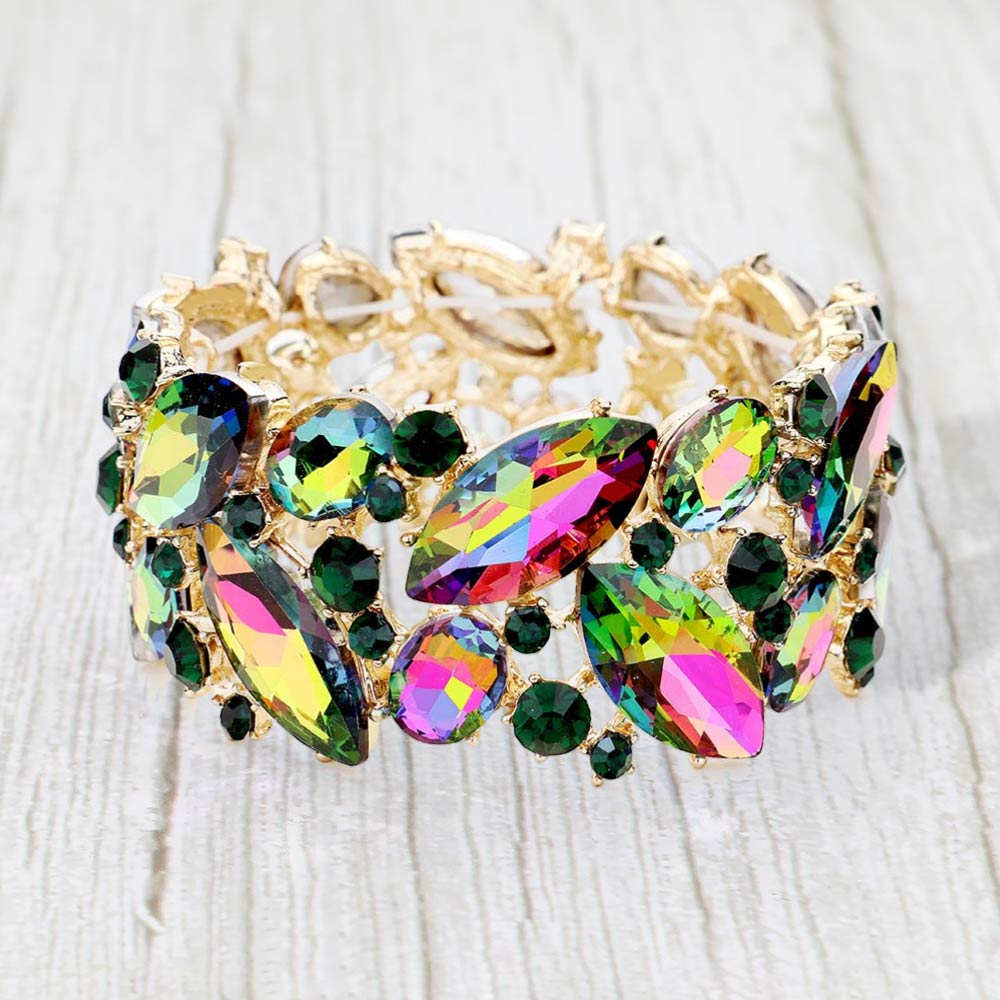 Multicolored gemstone bracelet with gold accents on a light background