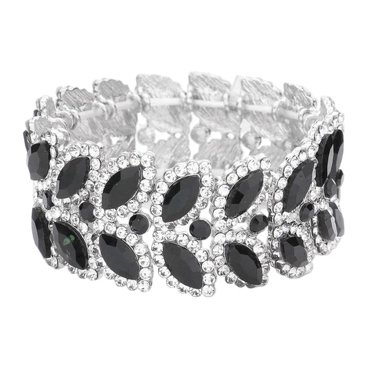Armband mit 3 Reihen Marquise-Steincluster und Stretchverschluss - Mehrfarbig