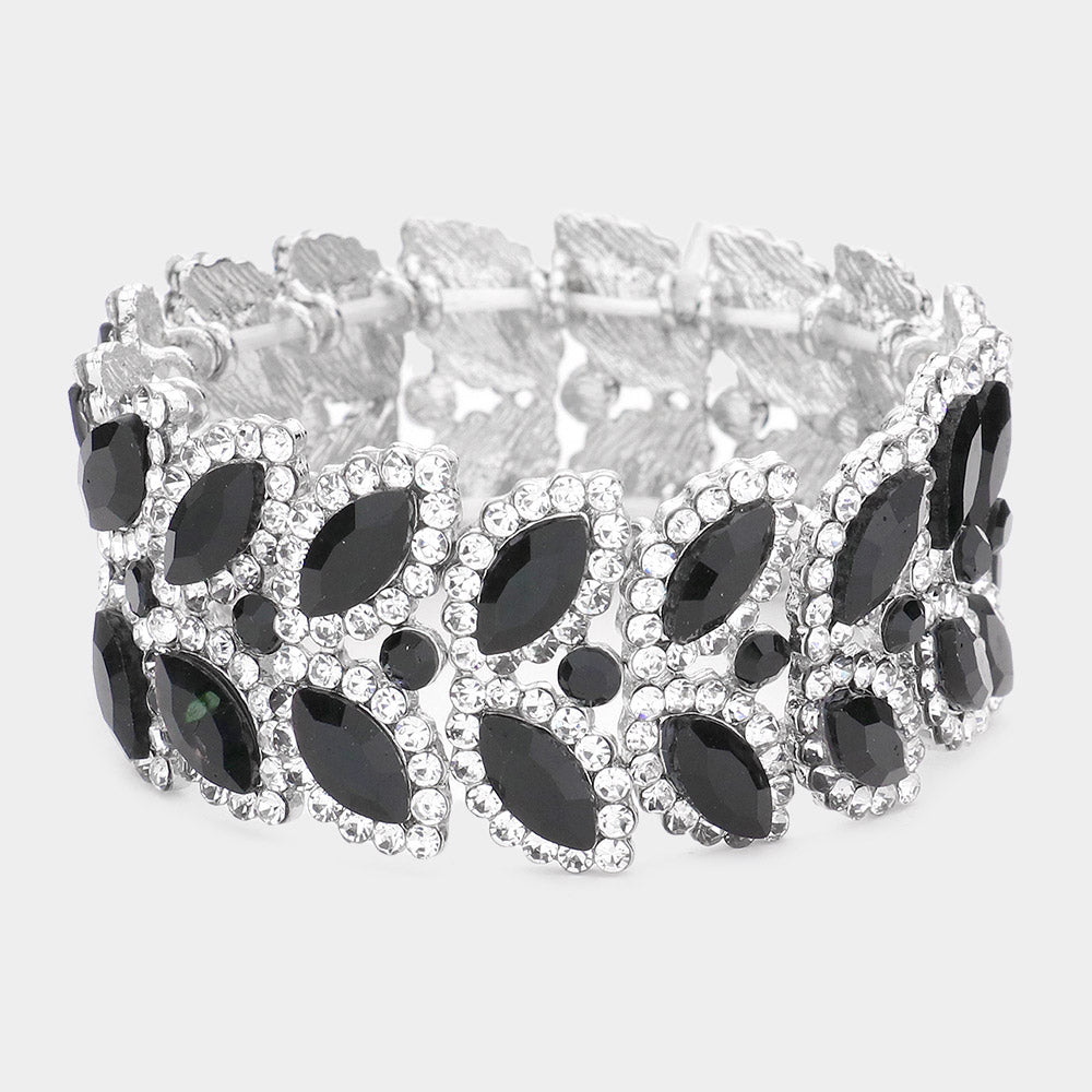 Armband mit 3 Reihen Marquise-Steincluster und Stretchverschluss - Mehrfarbig