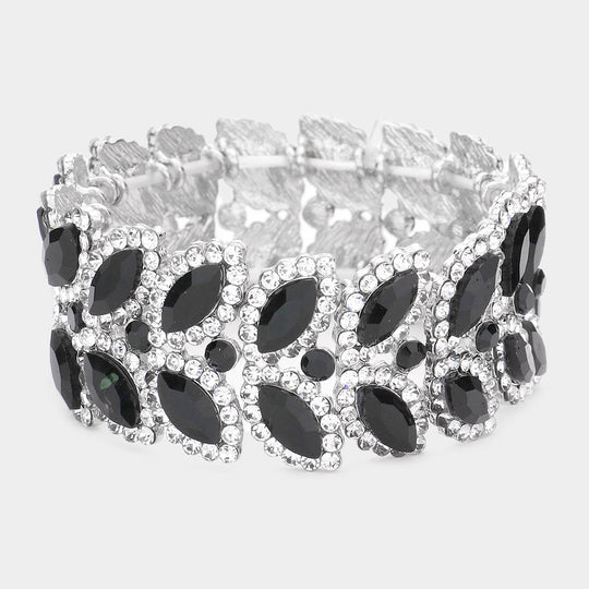 Armband mit 3 Reihen Marquise-Steincluster und Stretchverschluss - Mehrfarbig