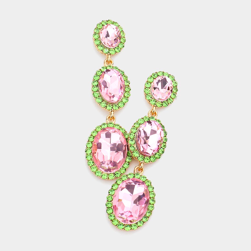 Triple Oval Crystal Drop Earrings – Pink Green Statement Evening Earrings